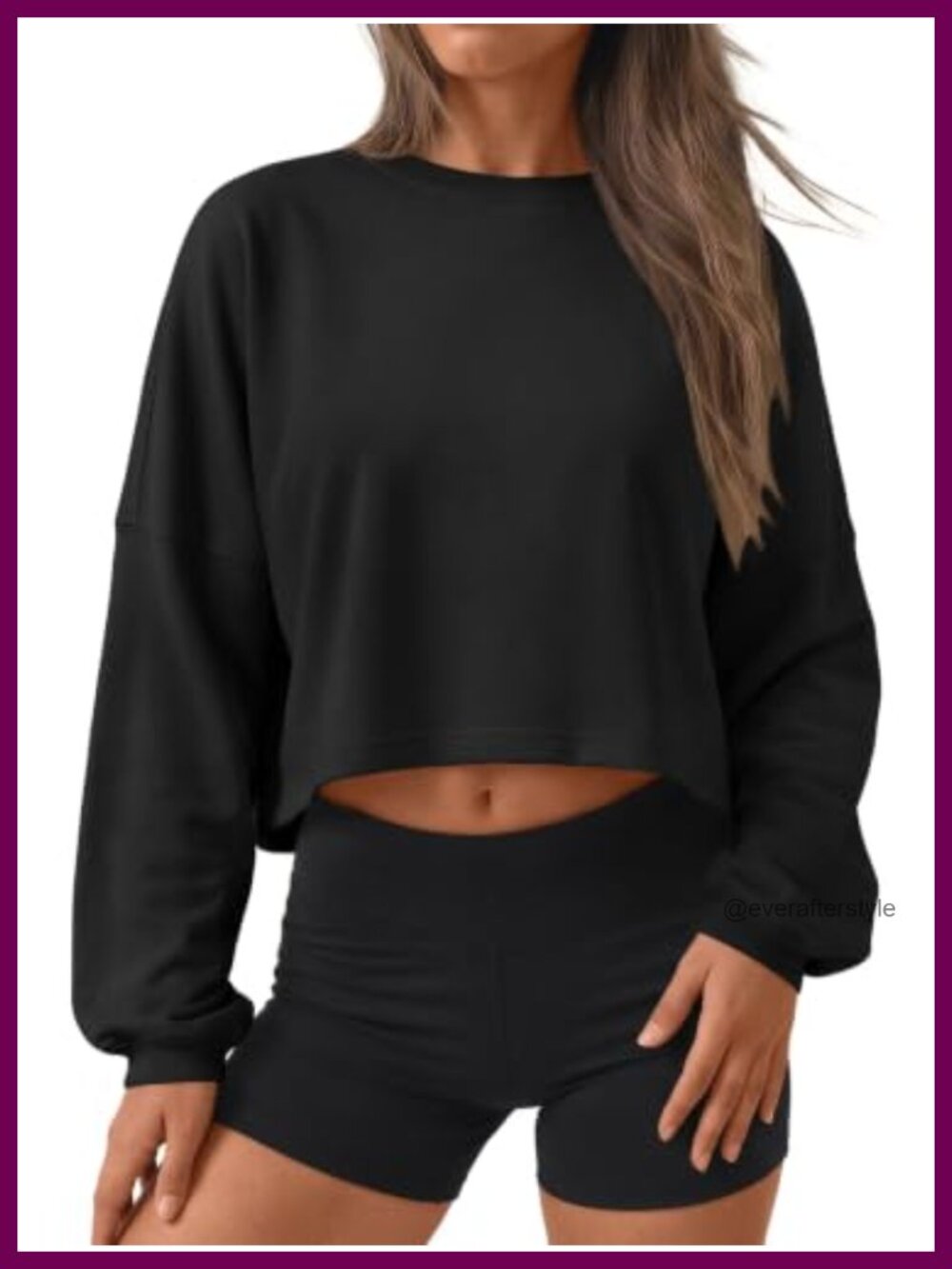 Womens Cropped Crewneck Sweatshirt Long Sleeve Cotton Blend Pullover